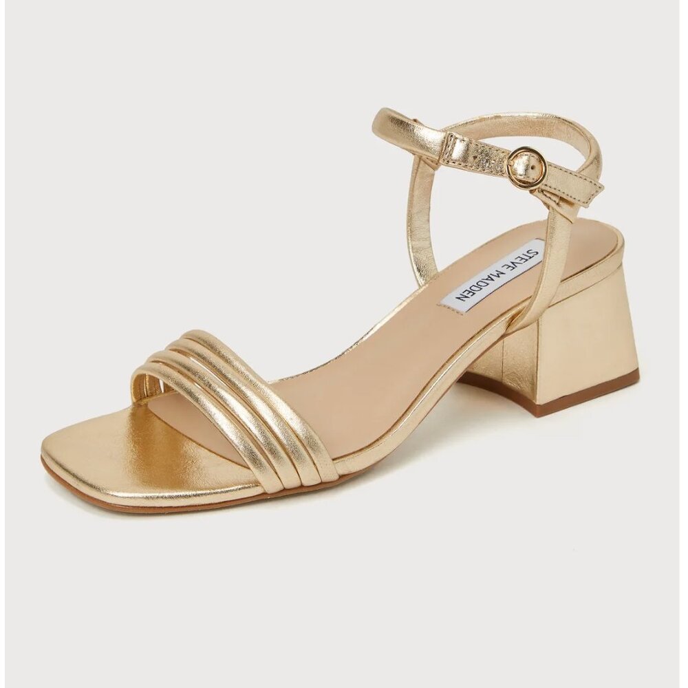 Size 9 Steve Madden Luster Gold Leather Low Heel Ankle Strap Sandals - Picture 3 of 11